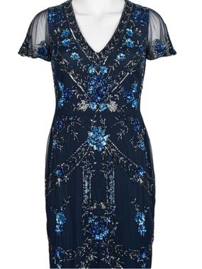Aidan Mattox Navy Blue Sequin Floral V-Neck Midi Dress
